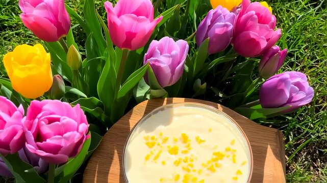 Creamy dessert with citrus zest surrounded by vibrant tulip flowers on grass