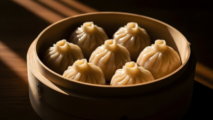 Freshly steamed Asian dumplings served in a traditional bamboo steamer.