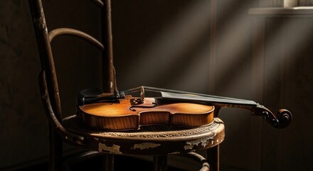 Vintage Violin Resting on Worn Wooden Chair, Dramatic Light and Shadow