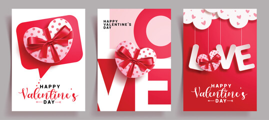 Valentine's card clipart poster set. Happy Valentine's day greeting card clip art collection with gift box, heart shape and love paper cut typography hanging elements vector illustration.
