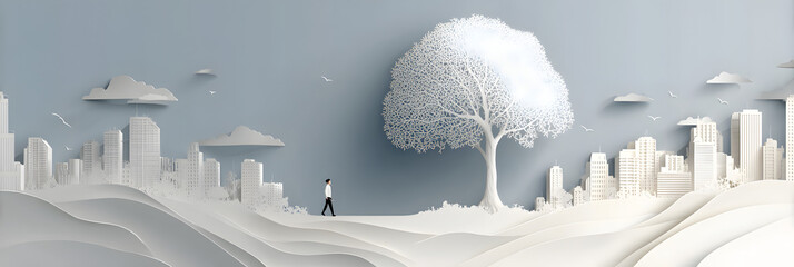 The person who knows. Tree, Achieve sustainable growth, World Environment Day. White eco urban city and nature landscape background paper art style.	
