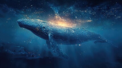 Fototapeta premium Majestic Blue Whale Swimming in Deep Ocean Under Starry Sky with Light Rays and Sparkles