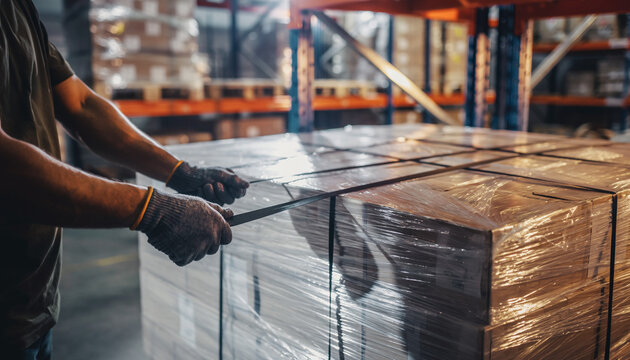 Securing Pallet With Strapping In Warehouse - Powered by Adobe