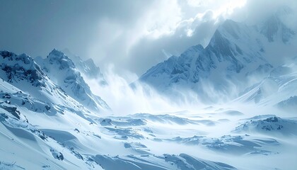 Fototapeta premium 吹雪に包まれる雪山の厳しい自然風景