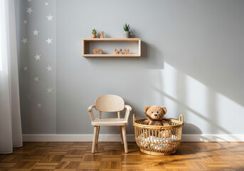Stylish scandinavian kid room interior with toys, teddy bear, plush animal toys, decoration and child accessories.