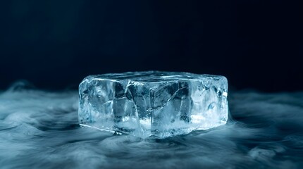 Centered crystal ice podium with drifting cold vapor. Dramatic cool blue lighting, sharp highlights and transparent icy edges for crisp effect.