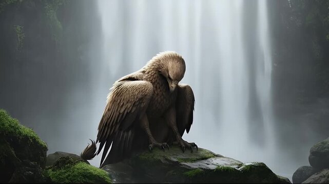 Majestic mythical griffin with enormous wings spread sits on a rock in a fantasy forest