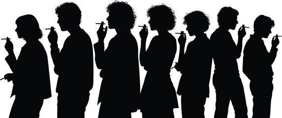 Horizontal line of seven diverse silhouettes of men and women witsmoking cigarettes, representing th different hairstyles, standing and smoking cigarettes,  © MdMosarof