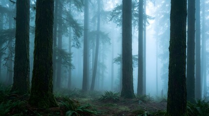 Fototapeta premium Dense fog among tall trees with layered depth. Soft early-morning blue light creates a mysterious, peaceful atmosphere ideal for landscapes, travel or editorial visuals.