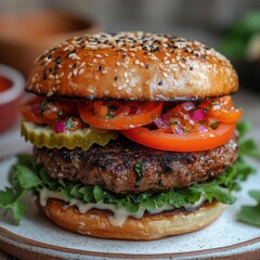 Homemade hamburger with fresh vegetables on a rustic background.