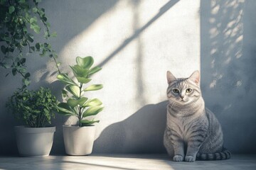 Closeup of fluffy cat looking curiously with warm light and neutral tone, cozy home pet concept.