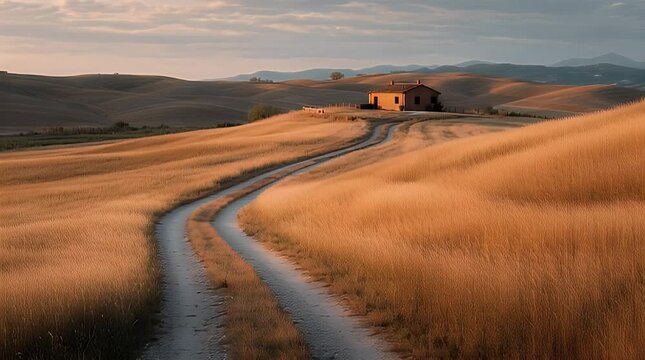 Tranquil Rural Scene with Rustic Cottage and Meadow Path