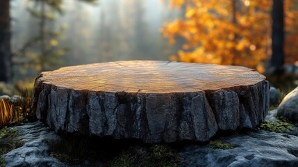 Empty wooden table for product display montages in autumnal forest.