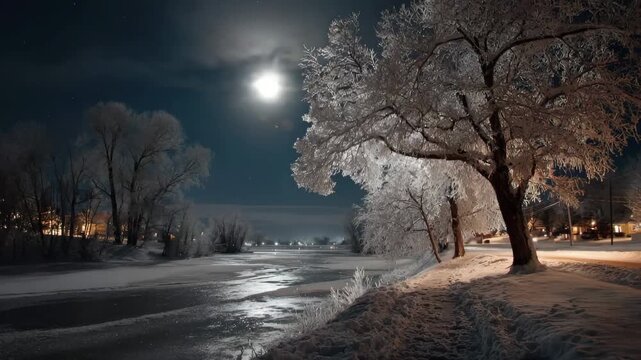 Generative AI. Winter landscape featuring a frozen river illuminated by a bright moon, surrounded by snow-covered trees, creating a serene and tranquil nighttime atmosphere with reflections on the ice