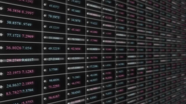 colourful stock command centre with dynamic profit and loss grid display showing live price scanners across global markets hi tech background