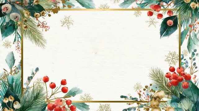 Generative AI. Festive watercolor illustration featuring a decorative border of vibrant red berries, green foliage, and gold accents, perfect for holiday greeting cards and seasonal designs