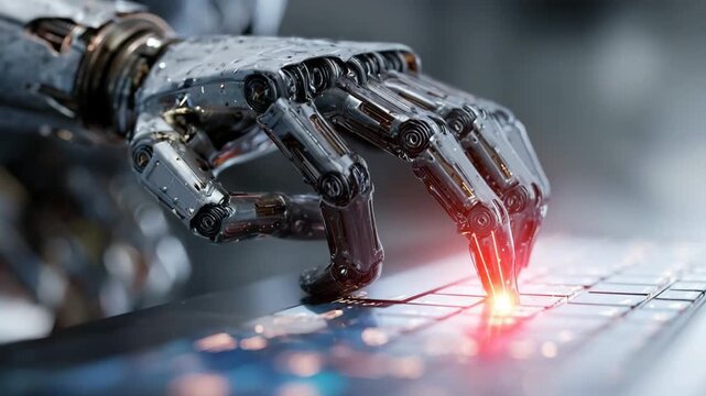 Generative AI. Futuristic robotic hand with transparent components interacts with a digital interface, showcasing advanced technology and intricate design elements in a modern workspace