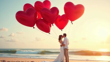 Generative AI. Couple embracing on the beach, holding a bunch of heart-shaped balloons, with a serene ocean backdrop and soft sunlight creating a romantic atmosphere - Powered by Adobe