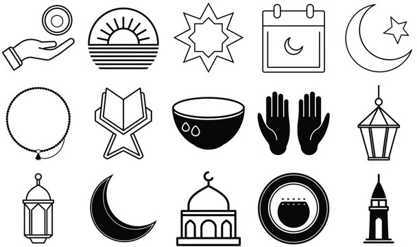 Islamic icons: ramadan, mosque, prayer, quran, crescent, star