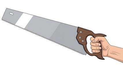Close-up shot of a person holding a traditional hand saw with a wooden handle, isolated on a white background, showcasing woodworking tools and craftsmanship