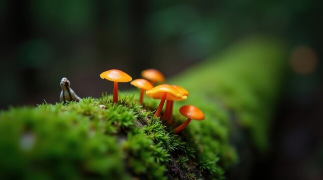 Tiny orange mushrooms growing on a mossy log in a forest