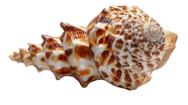 Ornate seashell displaying intricate spiral patterns and natural brown and white colors against a transparent background