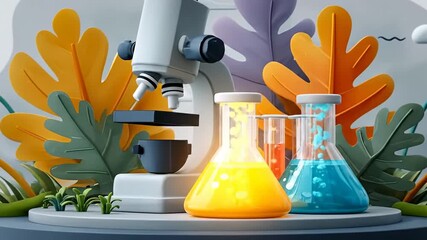 Science laboratory equipment with microscope and colorful beakers illustration. - Powered by Adobe