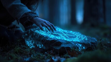 Mysterious Person Casting Glowing Blue Magic Spell on Rock in Dark Forest