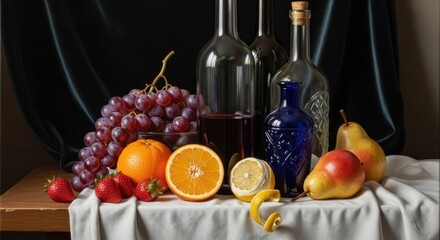 Vivid Still Life: Grapes, Citrus, Wine Bottles, and Pears on White Cloth