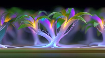 An abstract image of several plants with glowing light in a field.