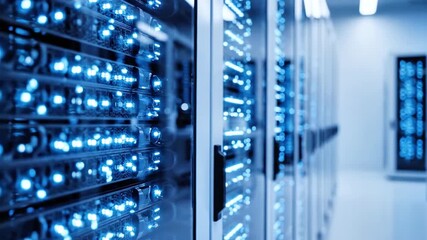 Data center racks with glowing blue lights, focus on server rows, futuristic tech - Powered by Adobe