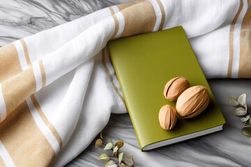 A green notebook with three nuts and a striped linen cloth are arranged on a marble surface. The composition is a still life with a neutral, calm mood.