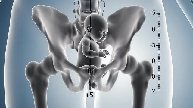 Animated Human Skeleton with Baby Fetus Displaying Anatomy and Fetal Development for Medical Use in Obstetrics and Gynecology with Transparent Blue