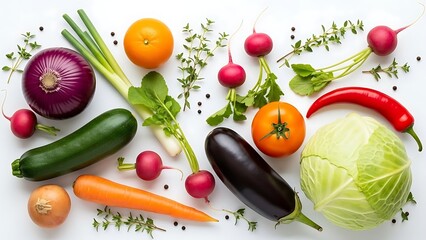 Assortment of fresh organic vegetables arranged on a white background