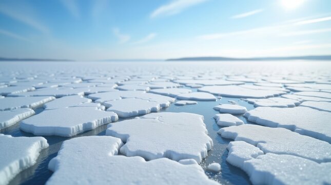 Frozen landscape with cracked ice and clear blue sky