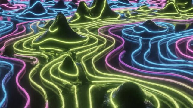 Abstract digital landscape of flowing lines neon light and 3 d terrain futuristic graphic design elements