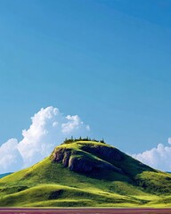 A green hill with trees on top under a clear blue sky with some clouds, creating a peaceful and natural landscape.