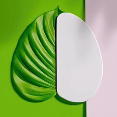 A close-up shot of a green leaf with a white shape on a colorful background. The leaf is vibrant green, and the background is divided into green and pink sectio