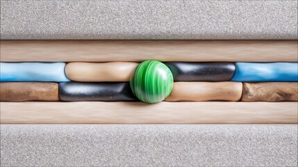A green marble ball is positioned in the center of a layered stone structure, creating an abstract and textured composition.