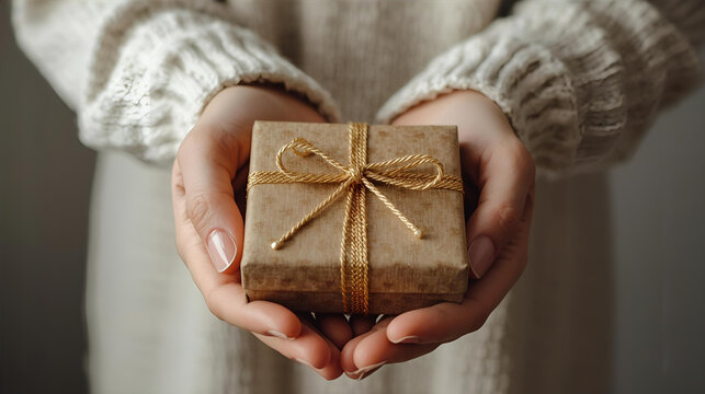 a woman handing a gift box with a brown wrapping paper and brown ribbon bow tie ai