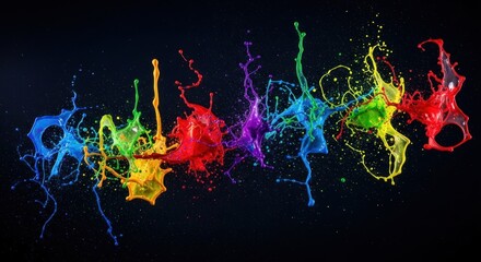 Vibrant Rainbow Paint Splashes Against Dark Background, Artistic Abstract Composition.