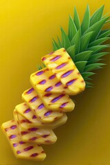 Close-up of grilled pineapple slices with green leaves against a yellow background. The image is a vibrant and appetizing food photography.