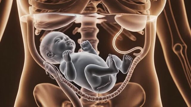 Detailed 3D Medical Animation Of A Fetus Developing Inside The Uterus Showing The Placenta And Umbilical Cord Illuminated By Soft Ambient Light