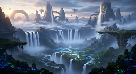Mysterious fantasy landscape with waterfalls and floating islands under a cloudy sky