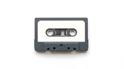 Obraz premium A classic gray and white audio cassette tape, an iconic symbol of vintage music and analog recording technology, isolated on a clean white background, evoking a sense of nostalgia