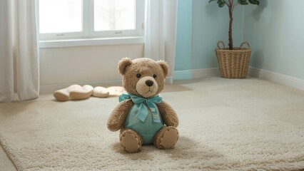 A light beige plush teddy bear with a teal bow sits on a soft, beige carpet in a light and airy nursery.