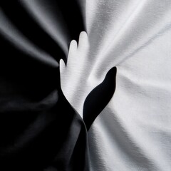 A hand silhouette is formed by the contrast of black and white fabric, creating a yin-yang effect with dramatic lighting.