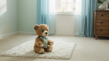 A light-brown teddy bear sits on a cream-colored rug in a child's room with pale teal curtains and a wooden dresser.