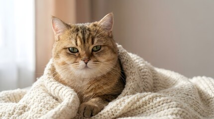 Single  cat wrapped in a warm knitted blanket, centered on neutral or gradient background