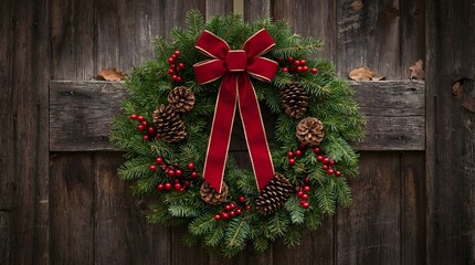 Central holiday wreath hung on a wooden door or fence with minimal surroundings. Soft natural lighting highlights leaves, berries and ribbon with gentle shadows.